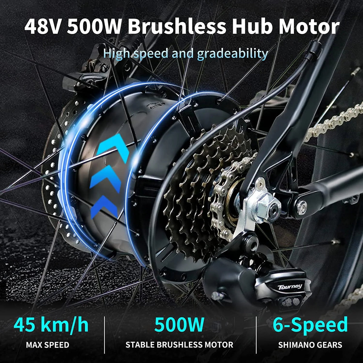 Electric Bike Electric Mountain Bike 500W Ebike26'' Fat Tire Ebike, 28+MPH Adults Ebike with Removable 48V 15Ah Battery, Shimano 6-Speed Black