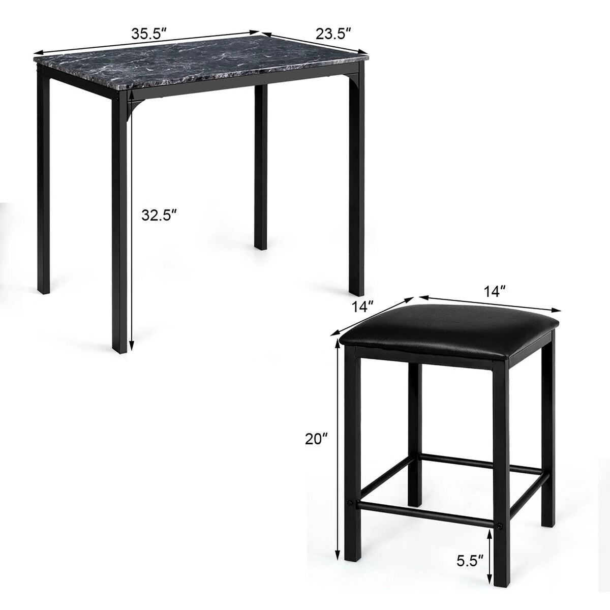 Costway 3 Piece Counter Height Dining Set Faux Marble Table 2 Chairs Kitchen Bar Black