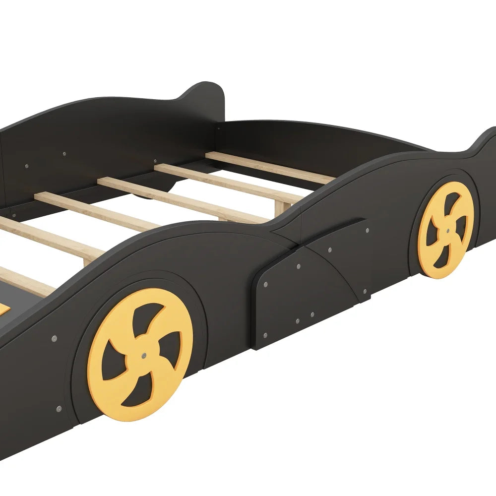 Full Size Modern Race Car-Shaped Platform Bed with Wheels and Storage, Solid Wood Platform Bed Frame with Sturdy Slat Support for Kids, Boys, Girls(Dark Blue)