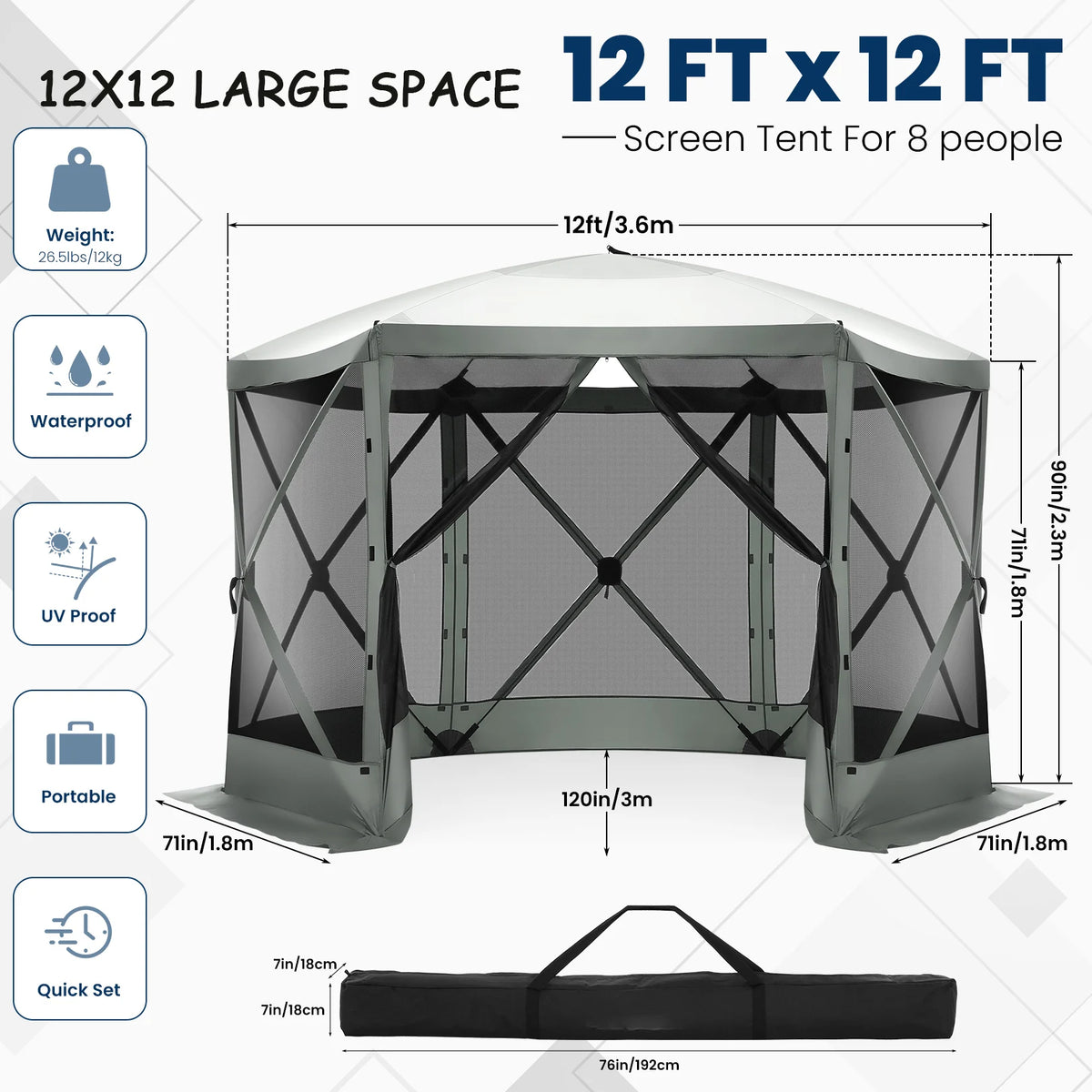 COBIZI 12x12ft Pop-up Gazebo Screen Tent Screen House with sidewalls and Mosquito Netting for Camping, Waterproof, UV Resistant, EZ Set-up Party Canopy with Carrying Bag and Ground Stakes, Brown