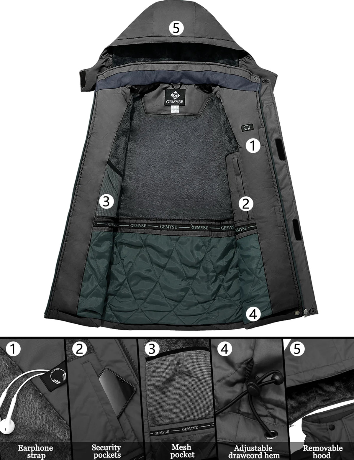 GEMYSE Mens Mountain Ski Snow Jacket Waterproof Windbreaker for Winter Rain(Graphite Grey, XL)