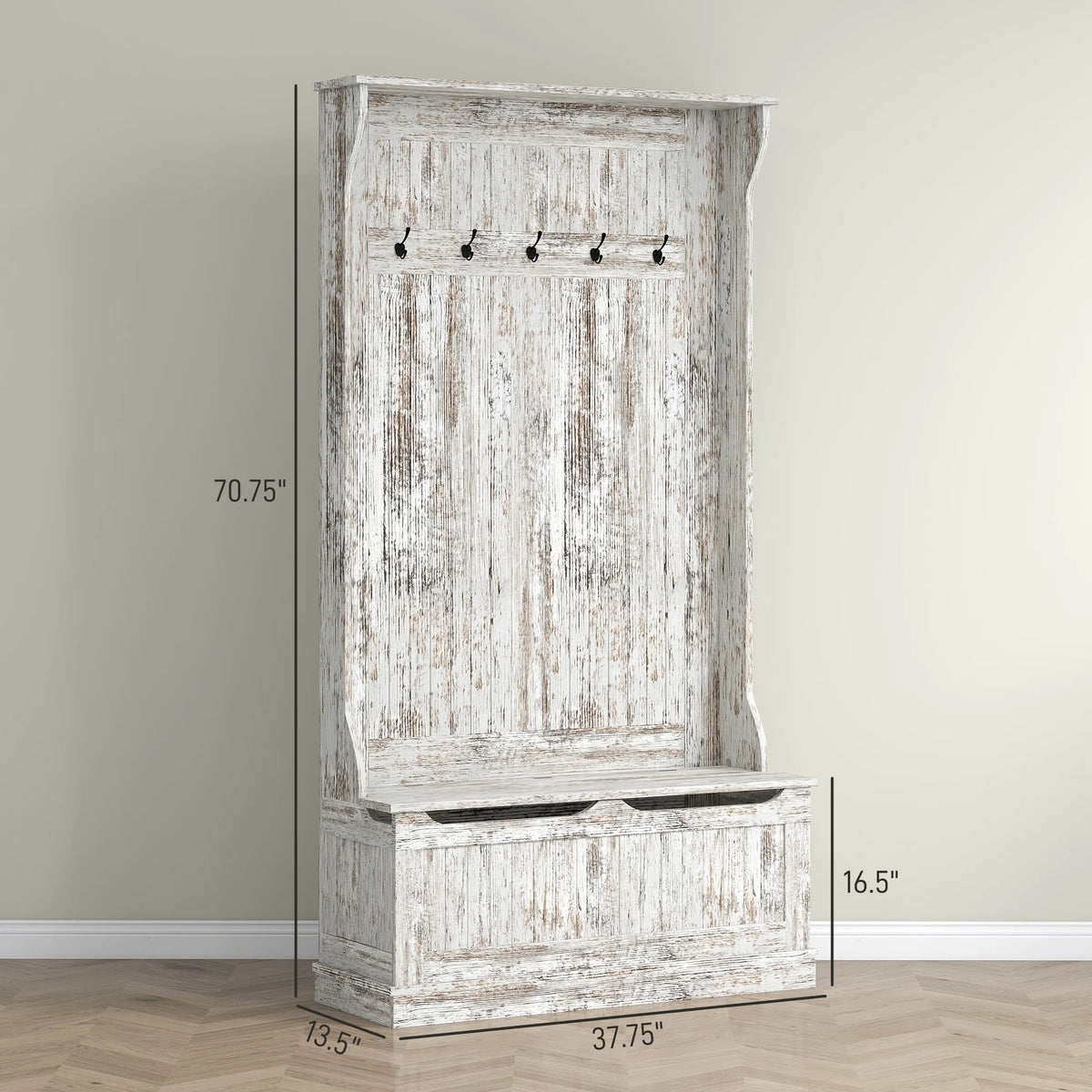 HOMCOM 3-In-1 Hall Tree Storage Bench and Coat Rack with 5 Steel Double Hooks, and Anti-Topple Anchor for Entryway, Cream White