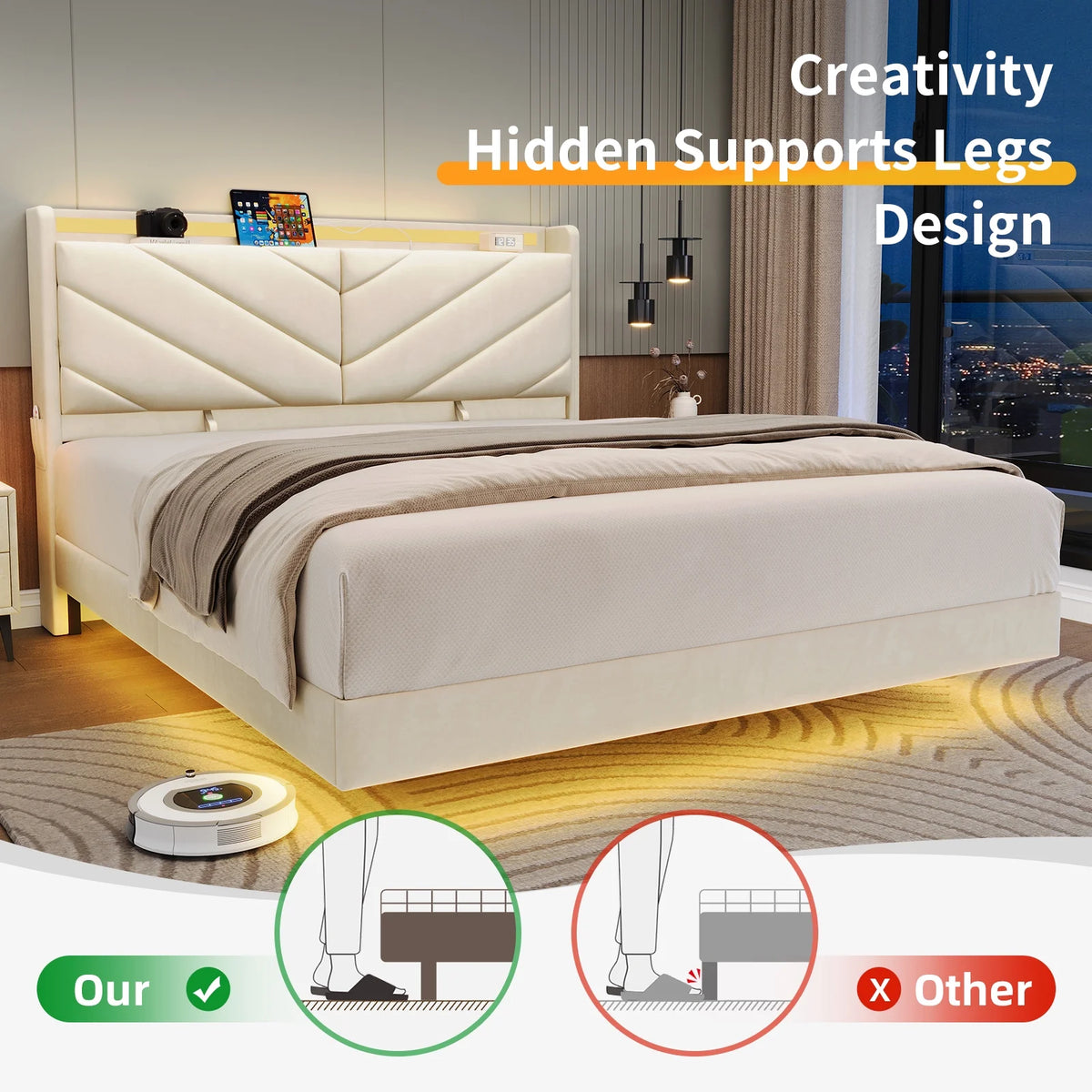 Cocosity Floating LED Upholstered Platform Queen Size Bed Frame with Ergonomic & Adjustable Storage Headboard, White