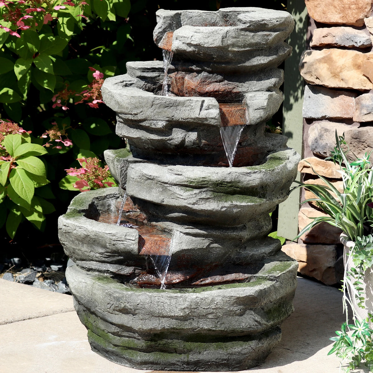 Sunnydaze Cobblestone Rock Polyresin Outdoor Water Fountain with Lights