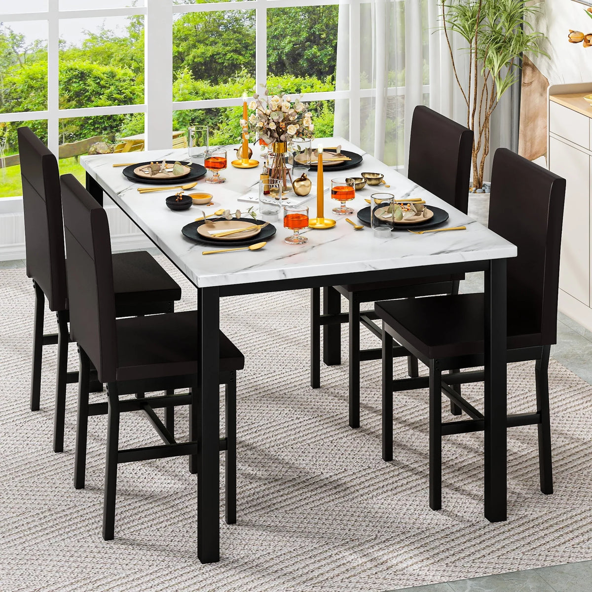 AWQM Dining Table Set of 4, Faux Marble 5 Piece Dining Room Table Set with PU Leather Chairs, Rectangular Kitchen Table Set for Apartment, Dining, White