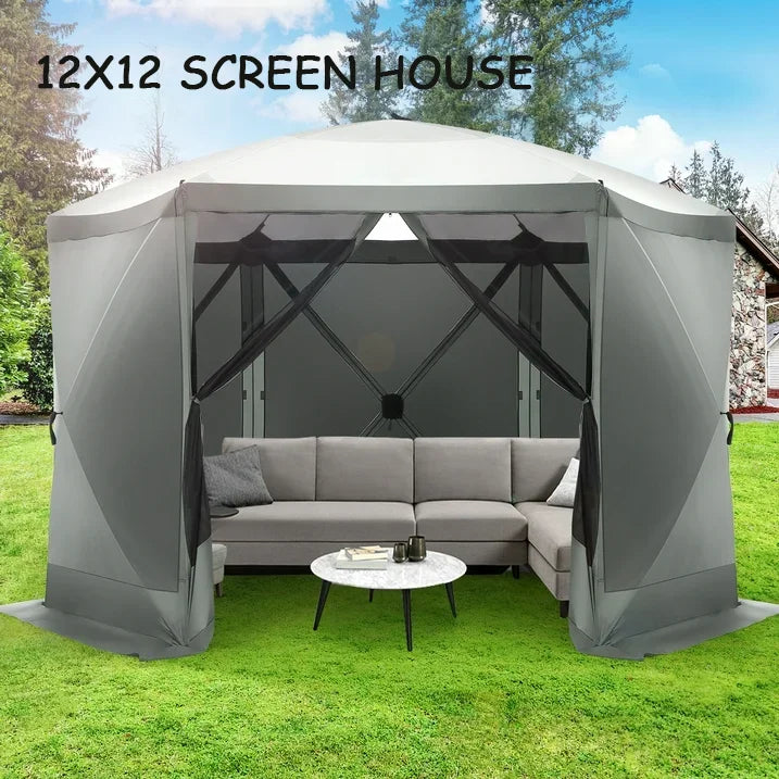 COBIZI 12x12ft Pop-up Gazebo Screen Tent Screen House with sidewalls and Mosquito Netting for Camping, Waterproof, UV Resistant, EZ Set-up Party Canopy with Carrying Bag and Ground Stakes, Brown