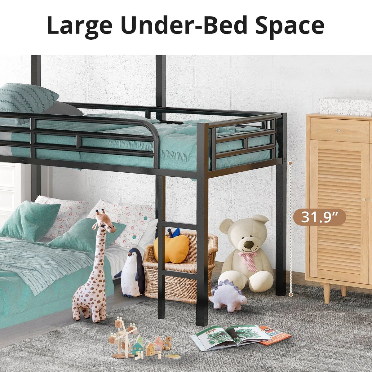 L-Shaped Triple Bunk Bed, Twin Size Metal Bunk Bed for 3 with Long and Short Ladders, Space-Saving Loft Bunk Bed with Full-Length Guardrails for Boys Girls, No Box Spring Needed, Noise Free, Black