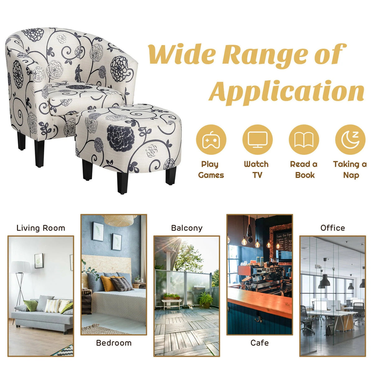 Gymax Modern Accent Tub Chair&Ottoman Set Fabric Upholstered Club Chair Grey Floral