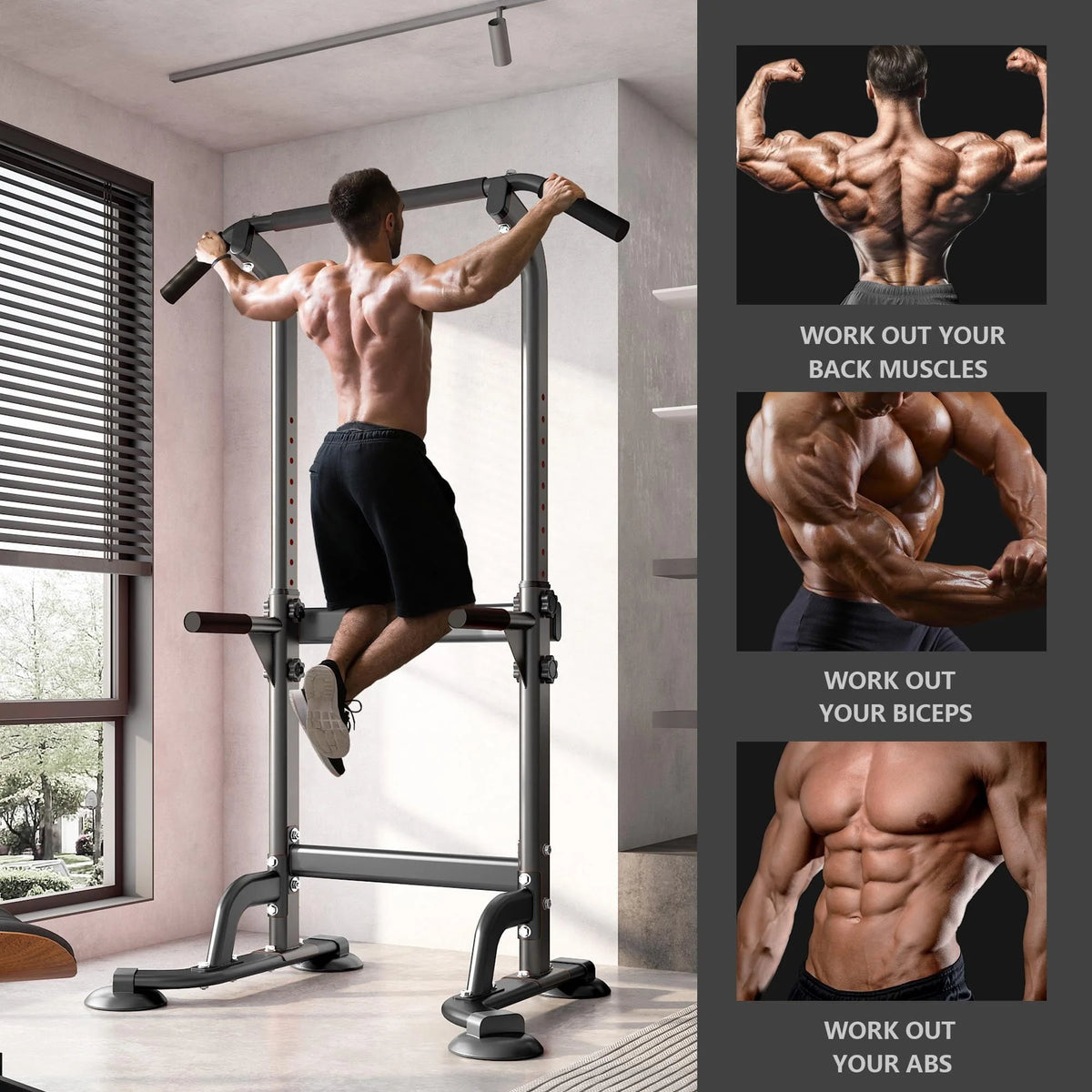 Wellynap Power Tower Pull up Bar, Strength Training Workout Equipment with Adjustable Height High Stability - Black