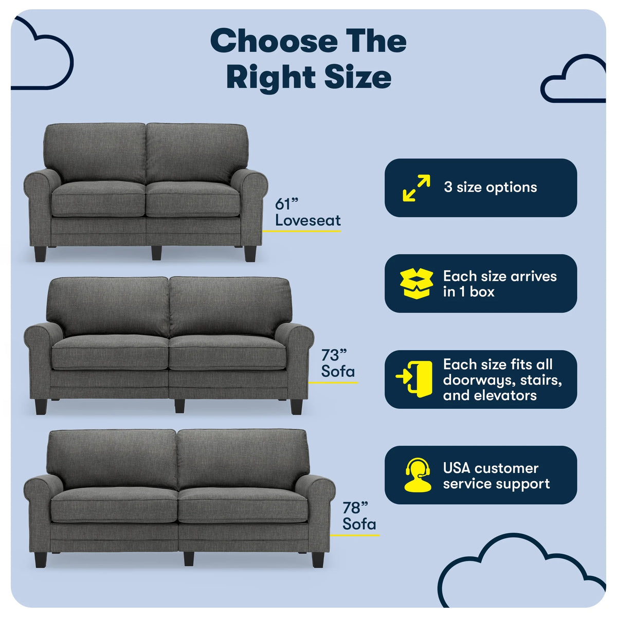 Serta Copenhagen 73" Rolled Arm Sofa with Removable Covers Light Gray