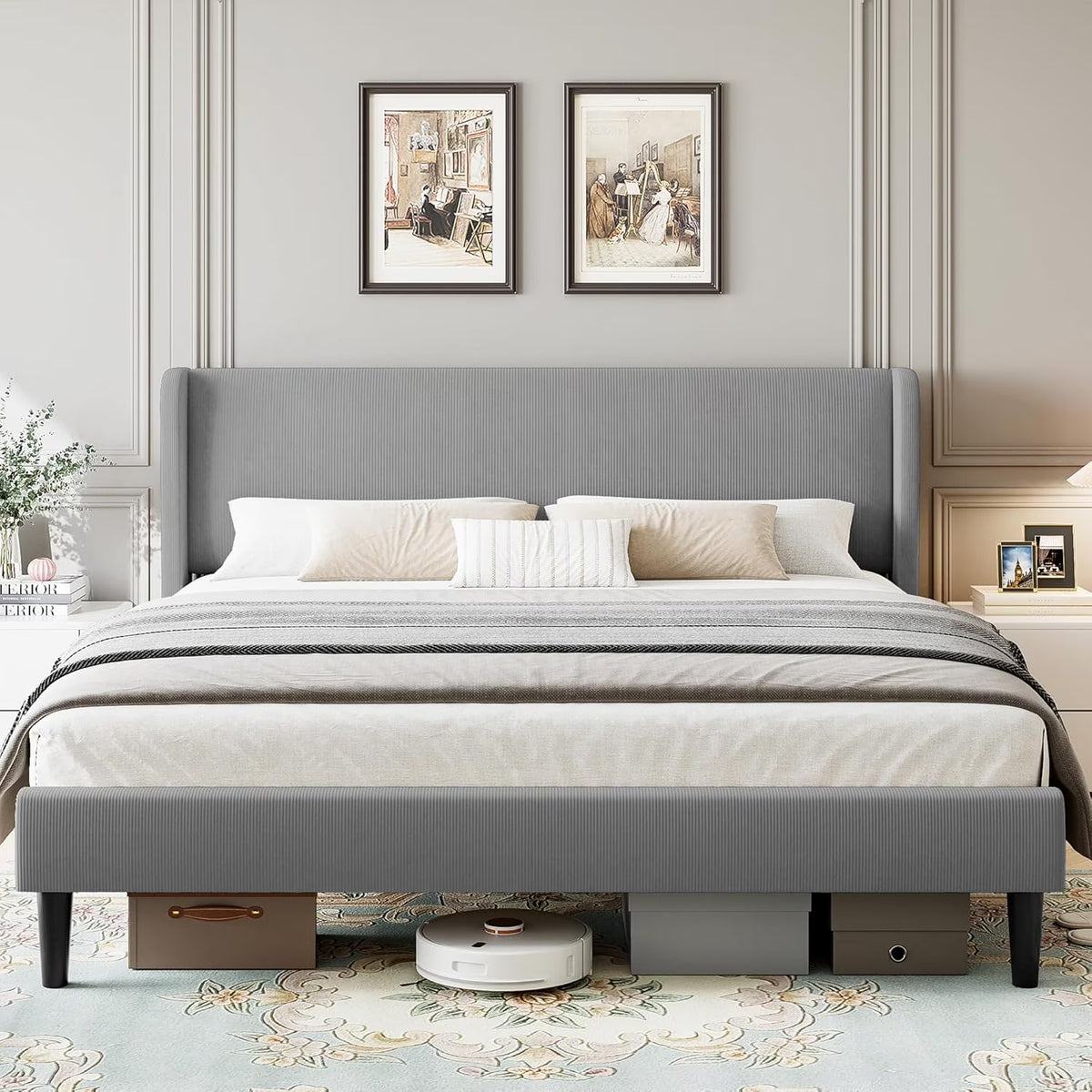 Full Size Bed Frame with Wingback Headboard,Luxurious Velvet Upholstered Platform Bed Frame with Wooden Slat Support,No Box Spring Required,Easy Assembly,Dark Gray