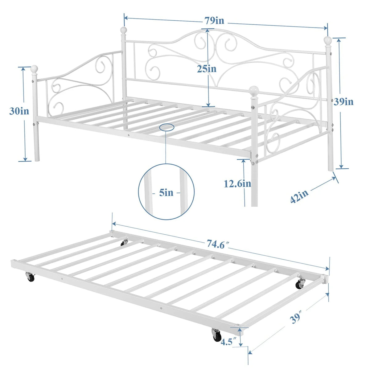 VECELO Twin Metal Daybed Frame with Trundle, Mattress Foundation Sofa Bed Platfrom with Headboard, No Box Spring Needed, White