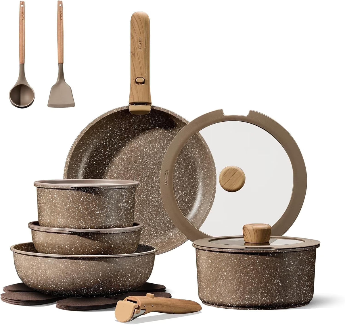 CAROTE 17-Piece Nonstick Cookware Set with Detachable Handle, Induction Compatible, Oven Safe, Brown Pots and Pans for Kitchen & RV