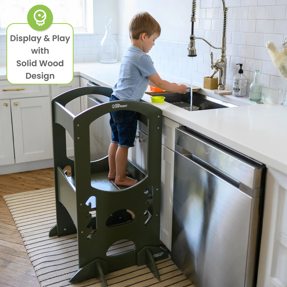 Little Partners Learning Tower Adjustable Height Kitchen Step Stool, Toddler Tower, Encourages Learning, Independence, and Engagement, Safety Climbing Tower for Kitchen Counter - Soft White