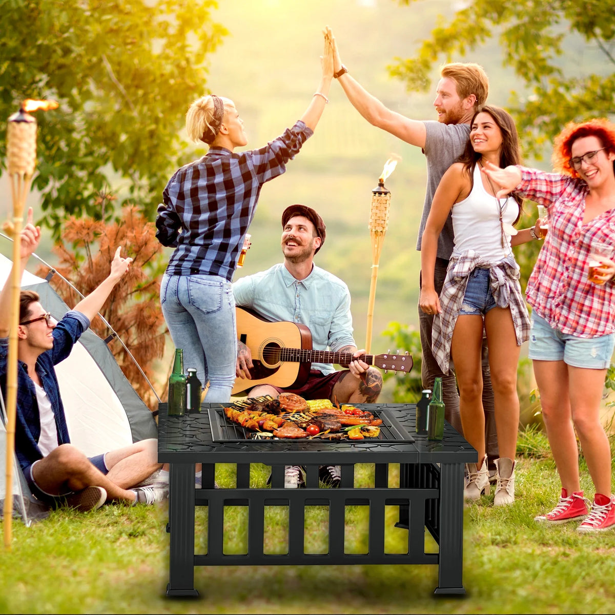 KingChii 32" Fire Pit Table Wood Burning Square Metal Firepit for Outdoor, Patio Backyard BBQ with Mesh Lid, Poker and Cover, Black