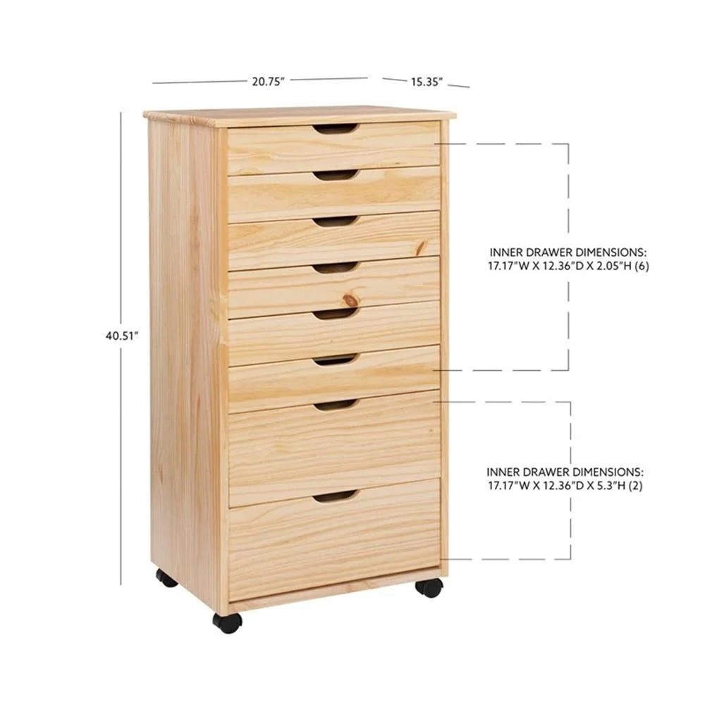 Linon Callie Eight Drawer Rolling Storage Cart in Natural Stained Wood