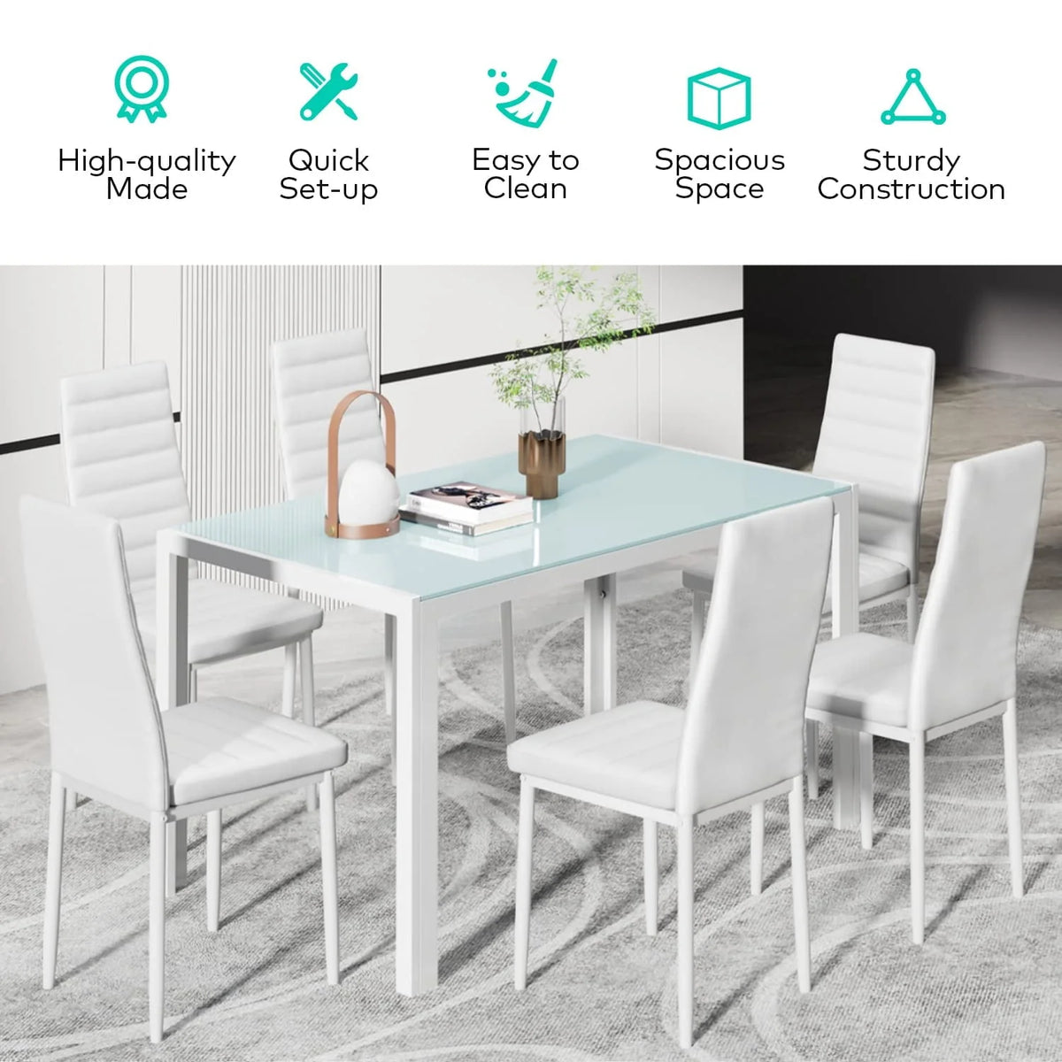 Lofka Dining Table Set for 6, Kitchen Table Set with 6 High Back Chairs, 330lbs, White