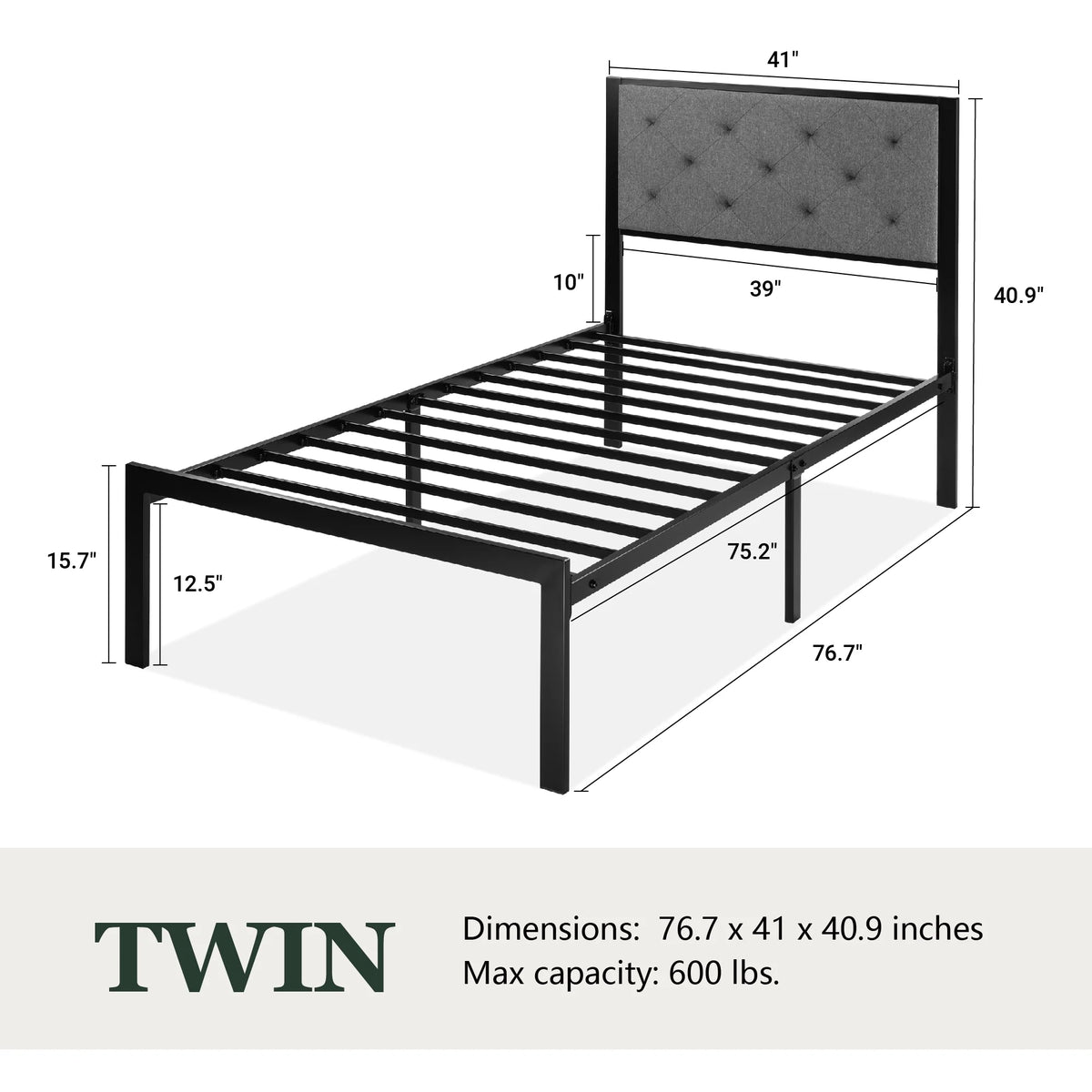 Amolife Twin Size Metal Bed Frame with Upholstered Headboard, Dark Gray