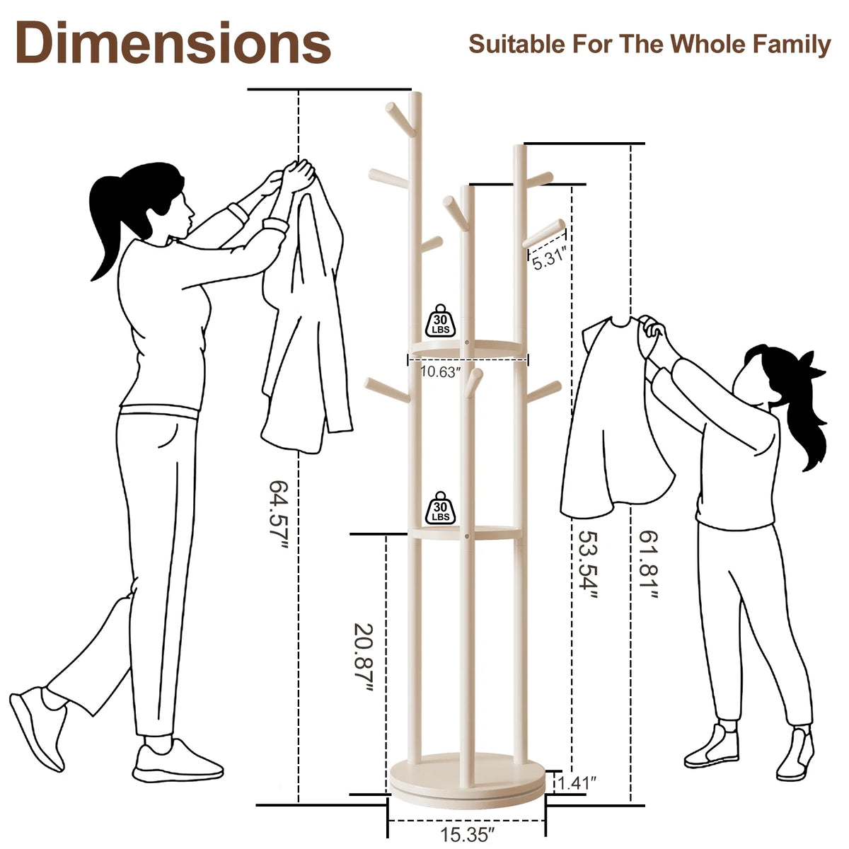KASLANDI Solid Wood Rotary Coat Rack with 3 Shelves & 9 Hooks, Freestanding Hall Tree Stand, Coat Tree for Entryway, Living Room, Walnut, Easy Assembly