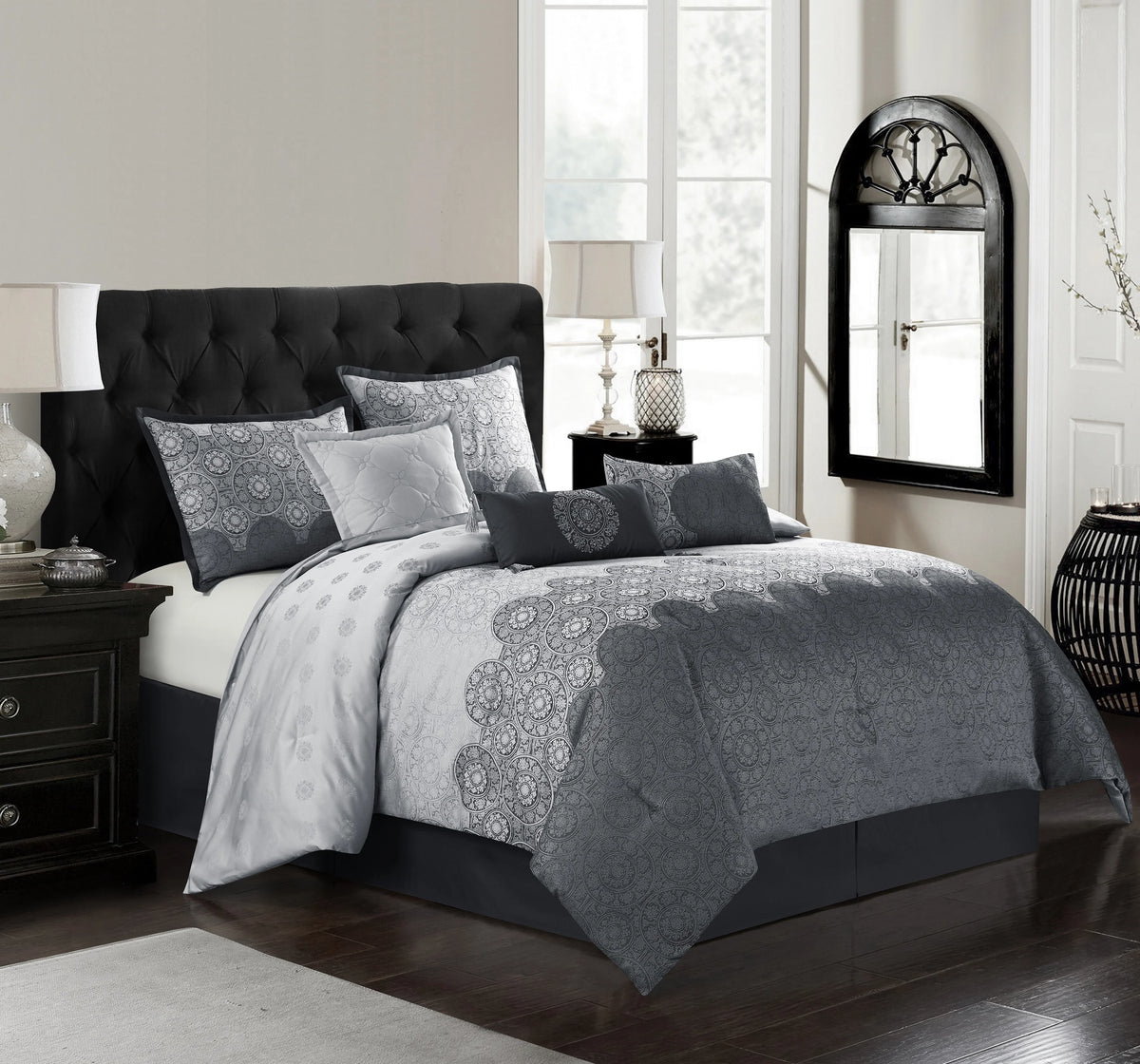 Lanco Taupe Damask Patchwork Queen Size Comforter Set, 7 Piece, Chain Stitching Embroidery Ultra Soft, Premium Microfiber, All Season
