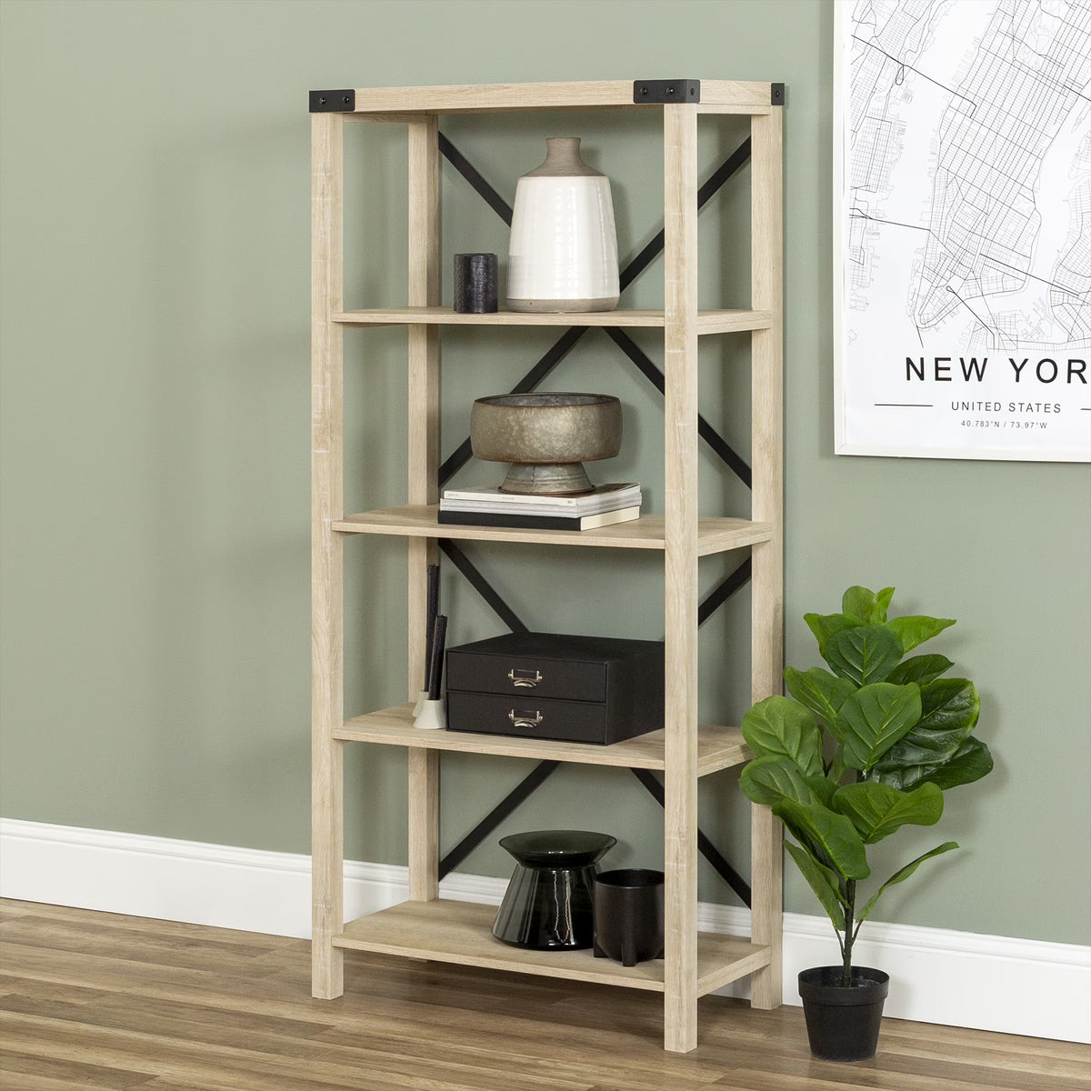 Walker Edison Rustic Industrial 4-Shelf Bookcase, Dark Walnut
