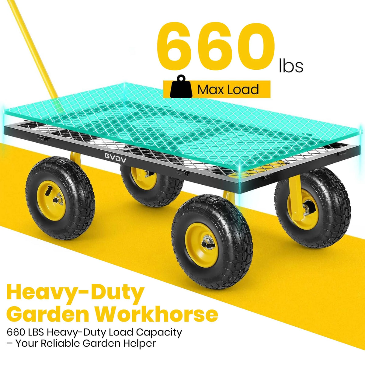 GVDV Heavy Duty Steel Garden Cart with Liner, 660lbs Capacity, 3 Cu ft, 10" All-Terrain Wheels, Black/Yellow �C Durable Utility Cart for Yard Work, Hauling, and Outdoor Use