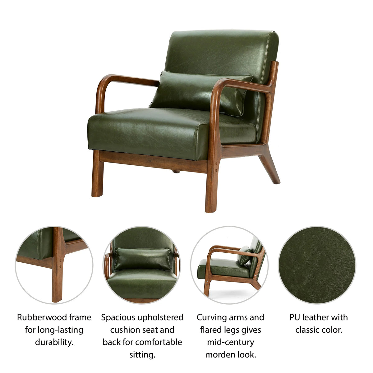 Glitzhome Mid Century Solid Wood Frame Accent Chair Modern Leather Lazy Chair