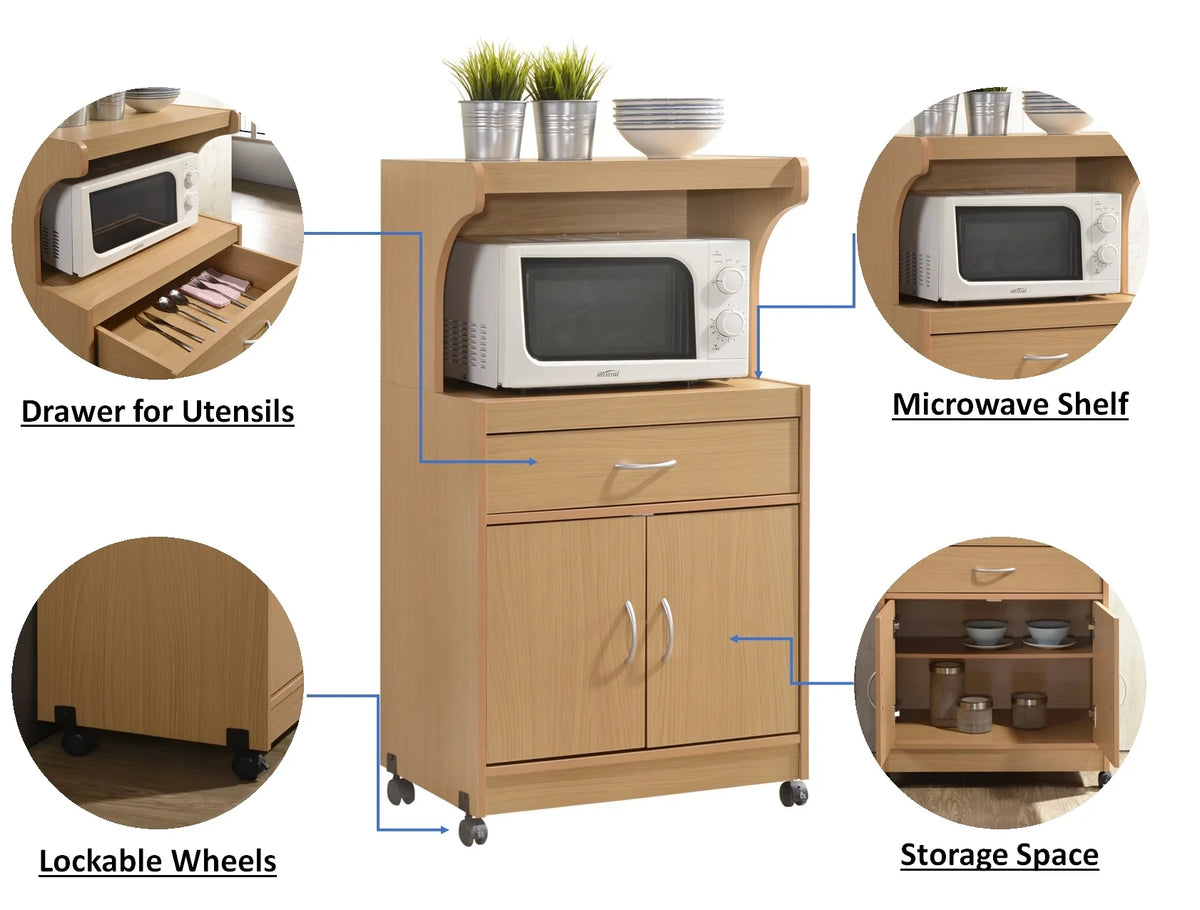 Hodedah Microwave Contemporary Wooden Kitchen Cart in Cherry Finish