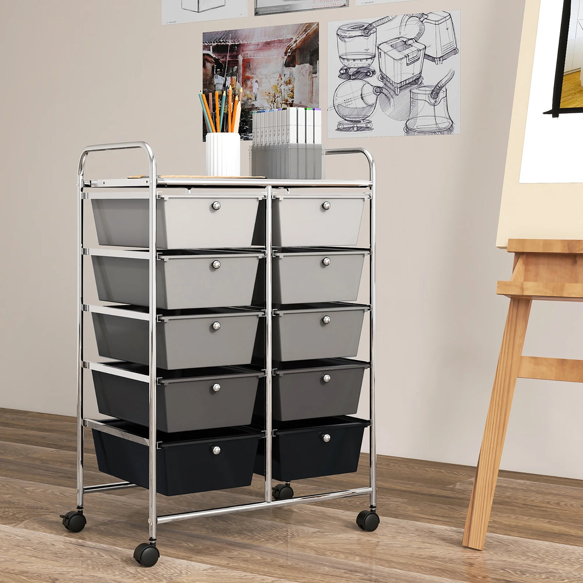 Gymax 10-Drawer Rolling Storage Cart Tools Scrapbook Paper Organizer on Wheels Black Gradient
