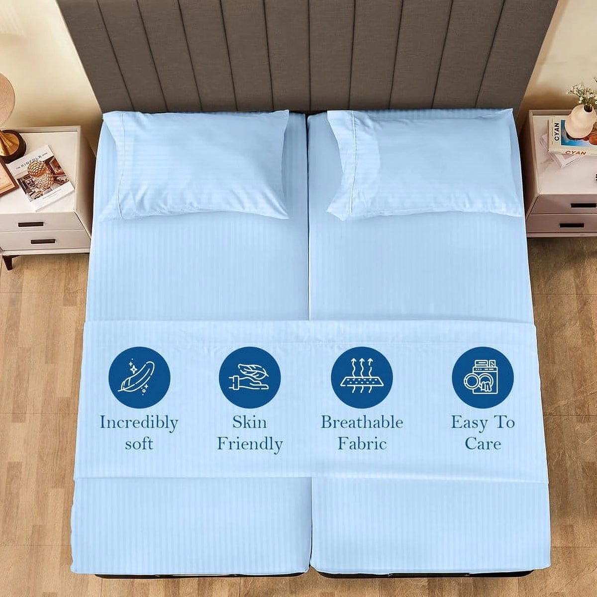 5-Piece Split Queen Sheet Set, 800 Thread Count, 100% Egyptian Cotton, Color Aqua Blue Stripe Pattern, Fits 16-Inch Deep Mattresses