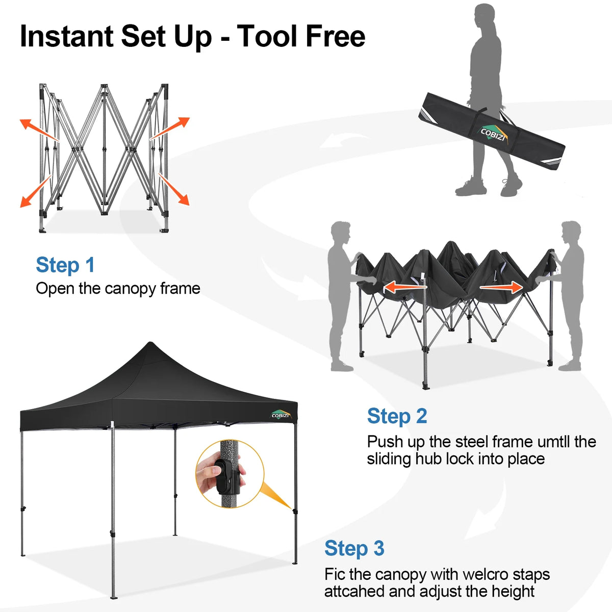 COBIZI 10x10 Heavy Duty Pop-up Canopy Tent for Outside, UPF 50+ Waterproof and Instant Outdoor Shelter, Outdoor Canopy for Beach,Party,Camping with Rope,Stake and Carrying Bag,White(Frame Thickened)