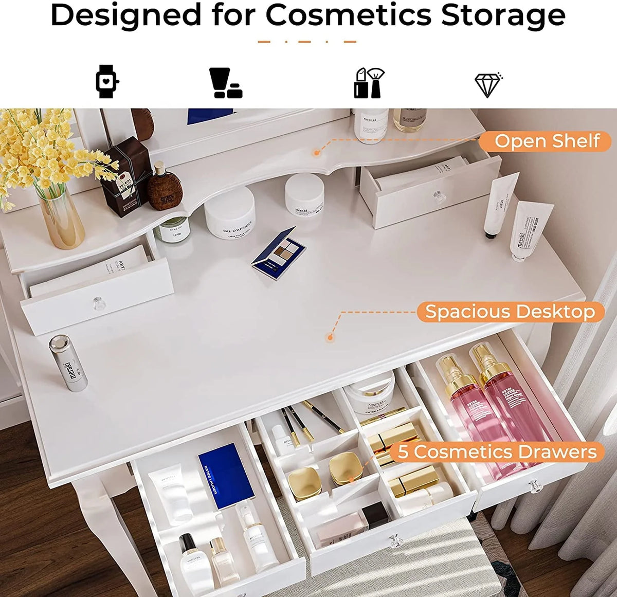 Tiptiper Vanity Table Set with Lighted Tri-Fold Mirror and Stool, Makeup Vanity Dressing Desk 5 Drawers, White