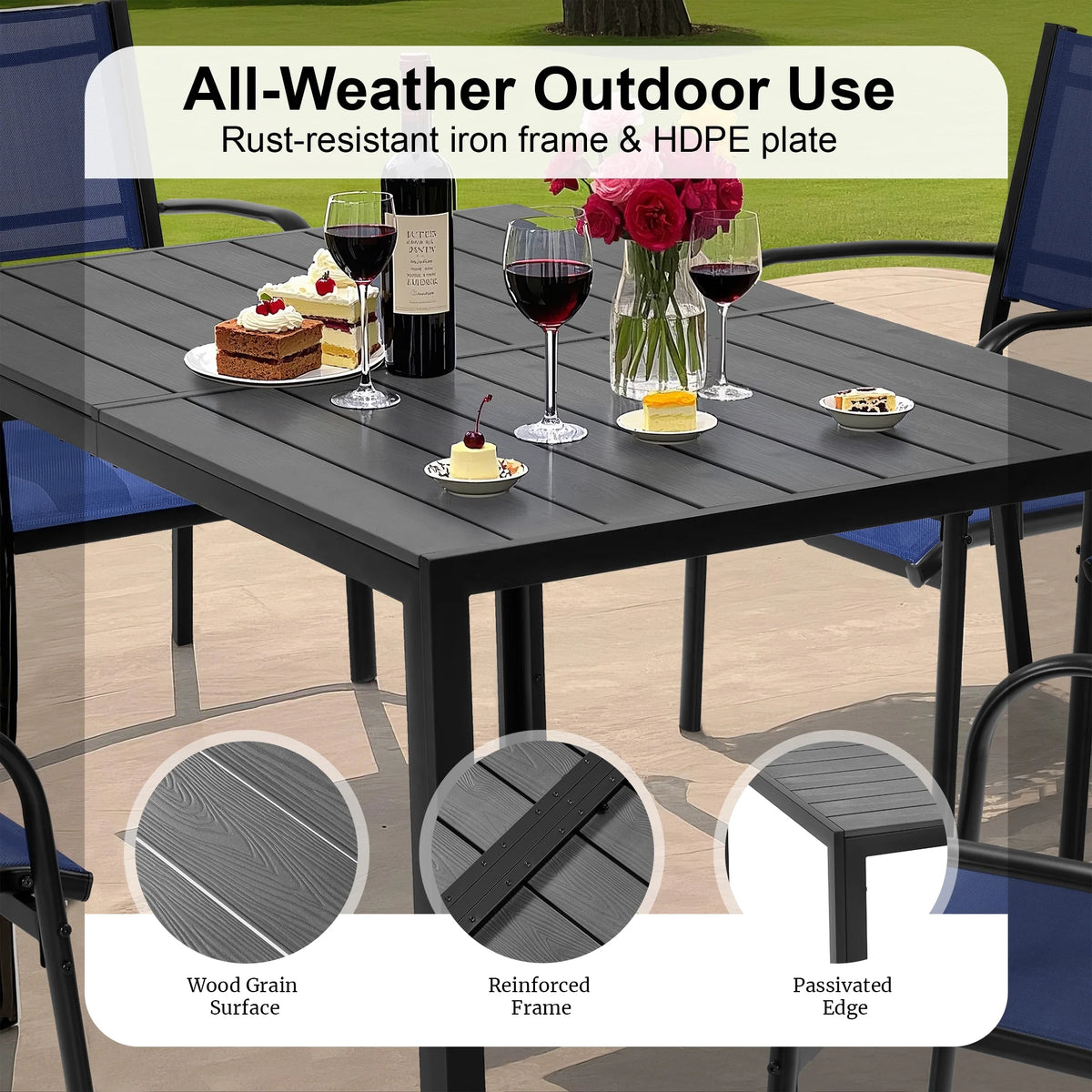 Seizeen 7-Piece Outdoor Table and Chairs, Patio Table Set with 6 Rattan Chairs, All-weather Outdoor Patio Dining Sets Rectangular Metal Table with Acacia Wood Top, Umbrella Hole, Gray