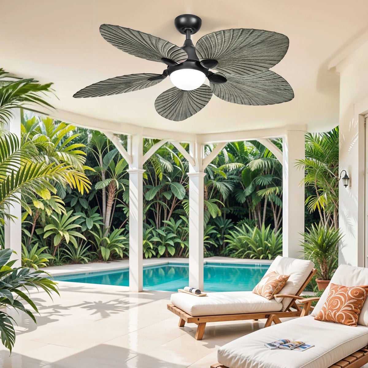 ModFusion 52" Gray Black Coastal Ceiling Fan with Palm Leaf Blades, LED Light & Remote �C Quiet Reversible DC Motor Indoor/Outdoor