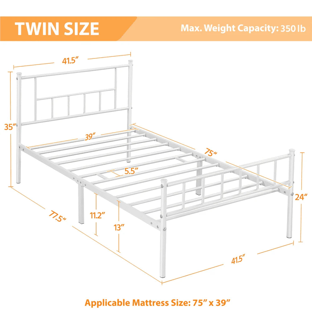 Topeakmart Metal Twin Bed Frame Slatted Bed Base with Headboard and Footboard, White
