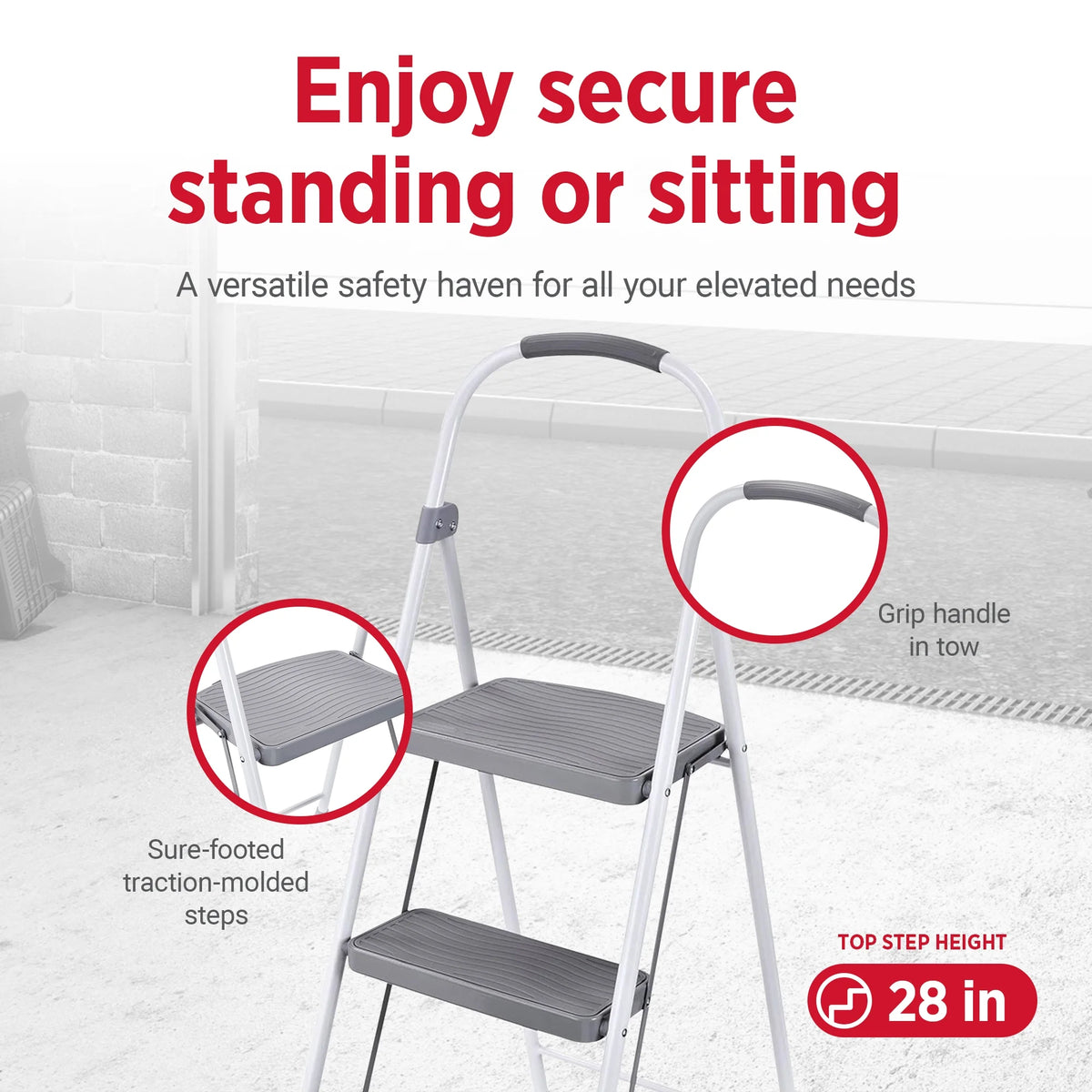 Rubbermaid 3 Step Folding Ladder, Steel Foldable Step Stool, White