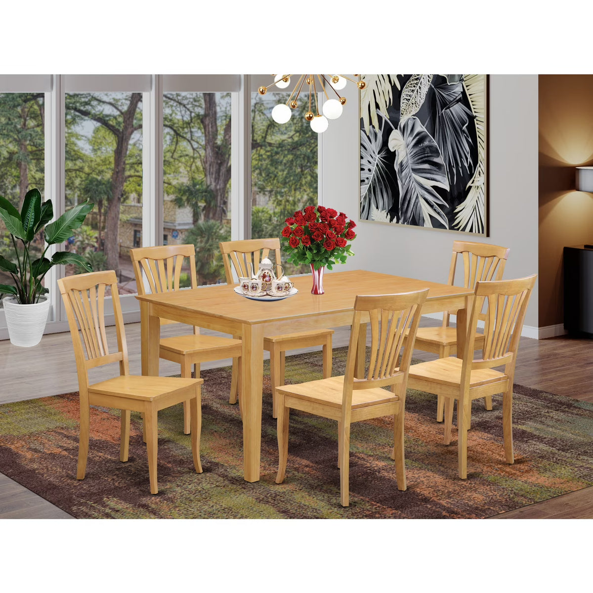 East West Furniture CAAV7-OAK-C Dinette Table & 6 Chairs, Oak