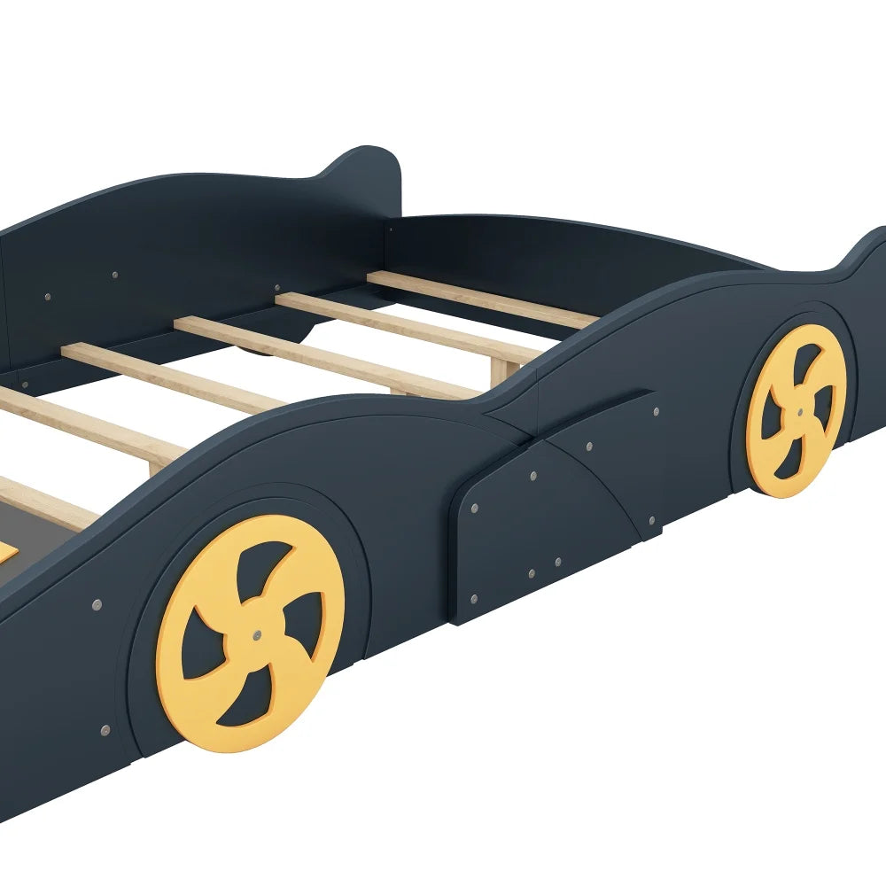 Full Size Modern Race Car-Shaped Platform Bed with Wheels and Storage, Solid Wood Platform Bed Frame with Sturdy Slat Support for Kids, Boys, Girls(Dark Blue)