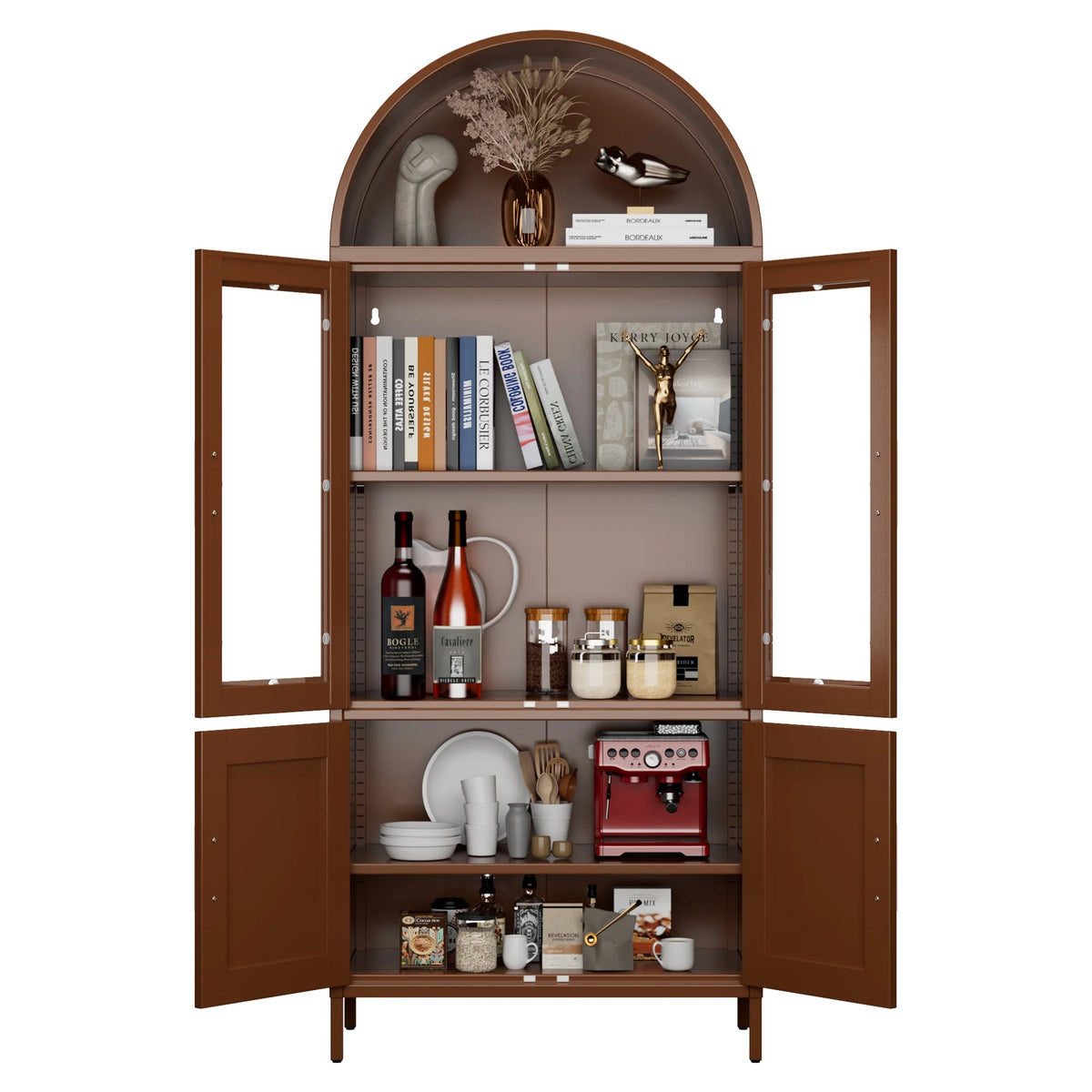 SUPEER Metal Arched Storage Display Cabinet with Glass Doors and Adjustable Shelves, Lockable Cabinet, Assembly Required, Black