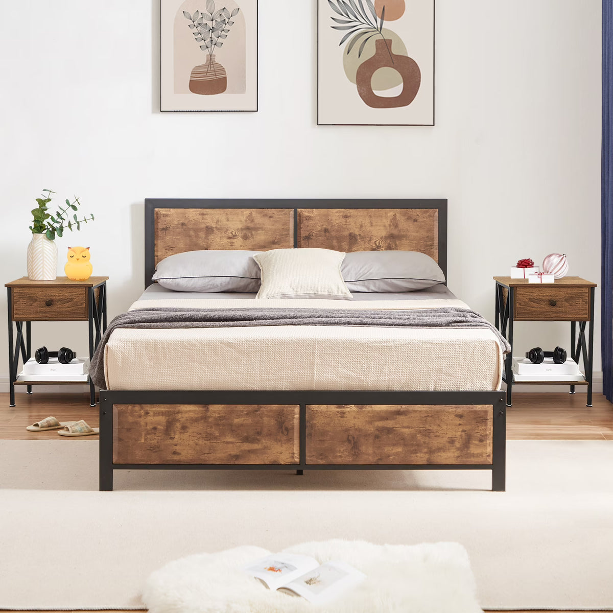 VECELO 3-Piece Bedroom Set with Twin Size Bed Frame and 1-Drawer Black Nightstands