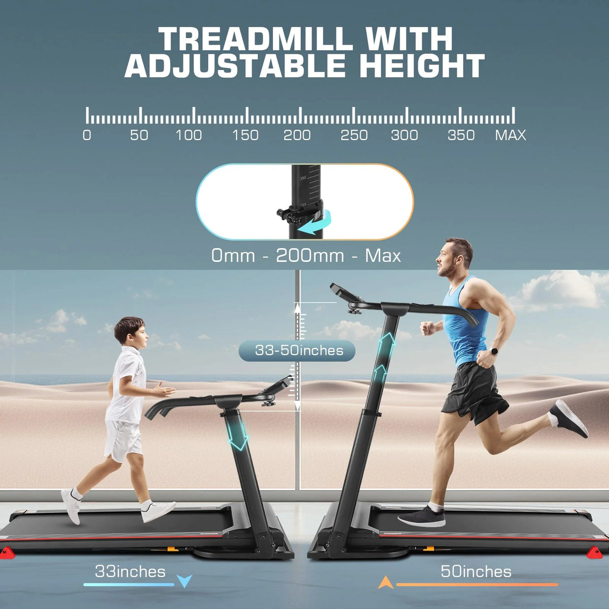 Folding Treadmill with Removable Desk, Foldable Treadmill with Adjustable Height, Treadmill 300lb Weight Capacity, White