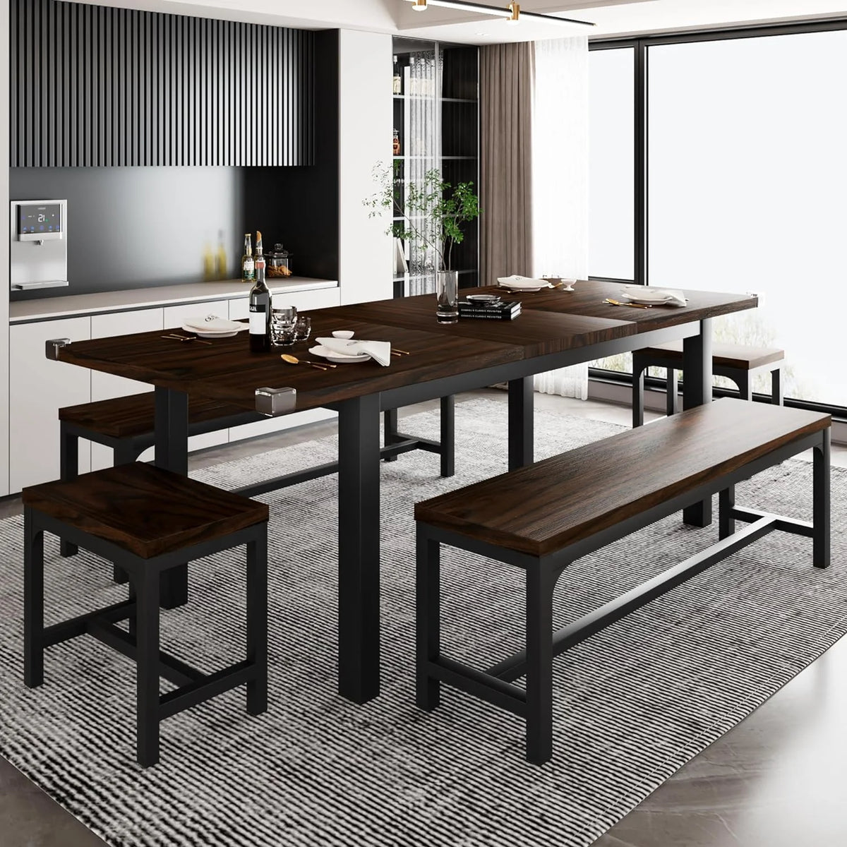 iPormis 5-Piece Dining Table Set for 4-8 People, Extendable Kitchen Table Set with 2 Benches and 2 Square Stools, Black