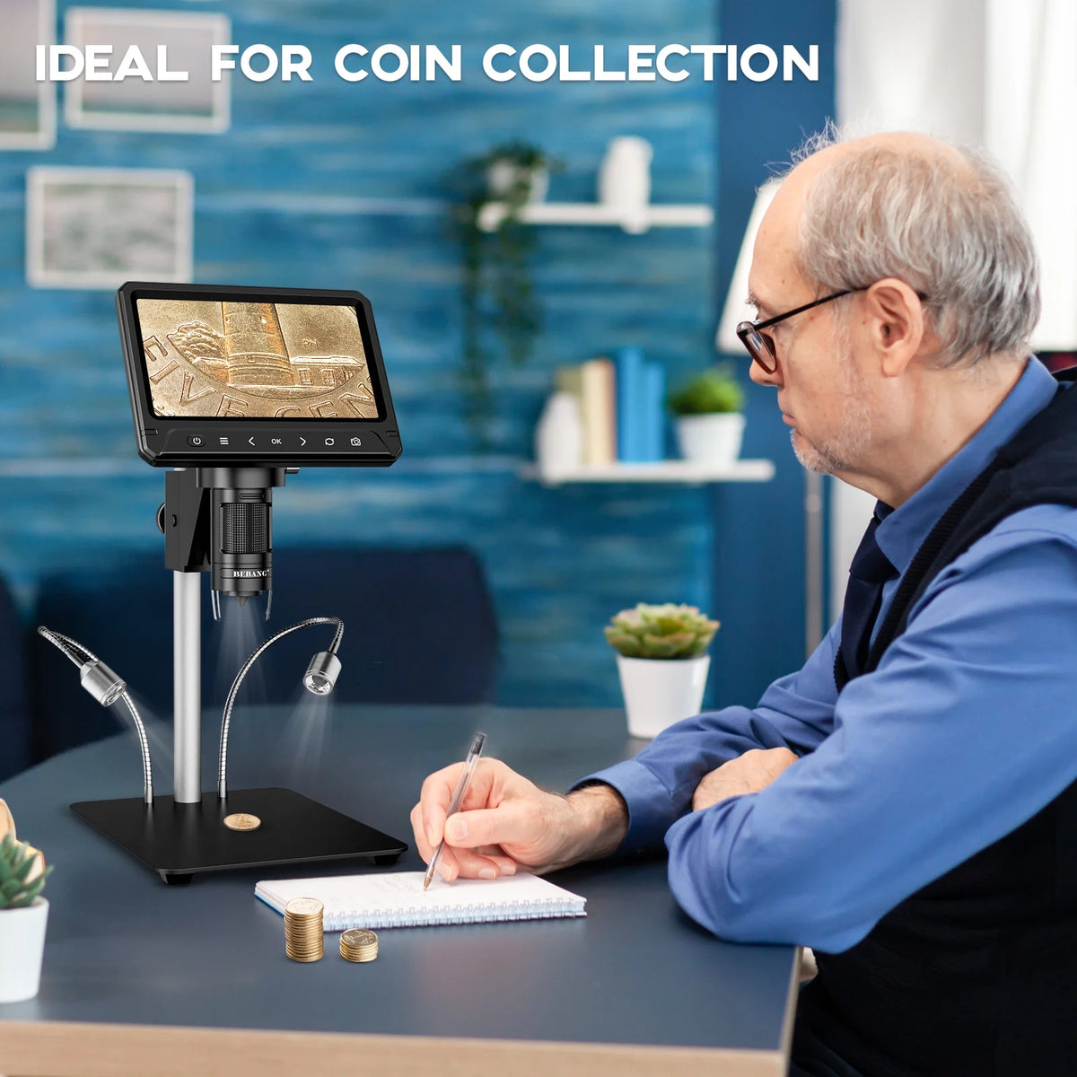 BEBANG 7" Coin Microscope for Adults, 1200X LCD Digital Microscope with 8 Adjustable LED Lights, 2 Flexible Side Lights, PC View Compatible with  Windows, iOS, 32GB
