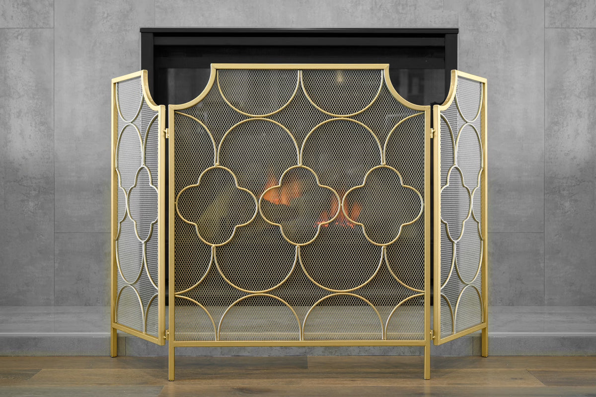 49" x 30" Folding Steel Fireplace Screen Doors 3 Panel Heavy Duty, Gold
