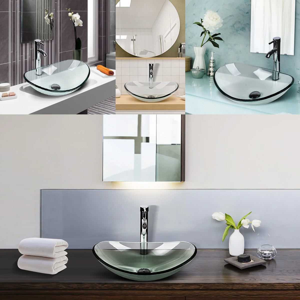 FULLWATT Bathroom Ceramic Sink Vanity Vessel Basin Porcelain Faucet Drain Combo Rectangle,White