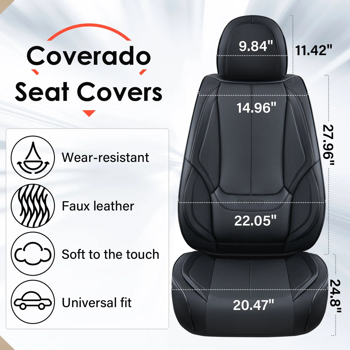 Coverado Black Front Car Seat Covers, Stylish Waterproof Premium Leather Automotive Seat Protectors, Airbag Compatible Auto Interior Accessories Universal Fit for Most Cars SUV Pick-up Trucks