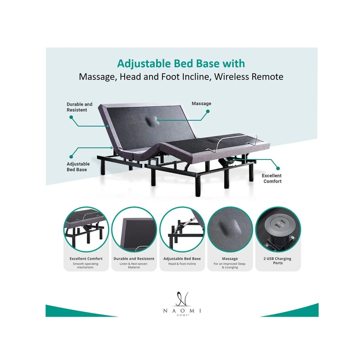 Naomi Home Twin XL Size Ergonomic Adjustable Bed Base with Basic Lumbar Support & Head Tilt, Back & Leg Massage, Wireless Remote, Assembly Needed - Twin XL, Gray