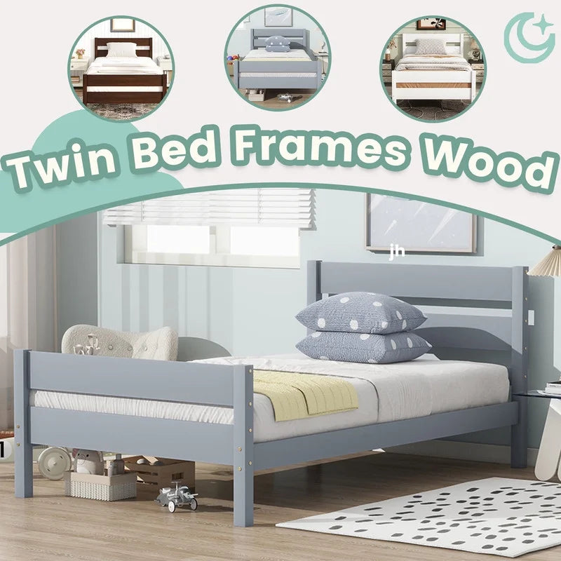 Duxelifin Wood Twin Bed Frame with Rails, Twin Size Low Platform Bed with Headboard and Footboard, Low Twin Bed Frame for Girls & Boys, White