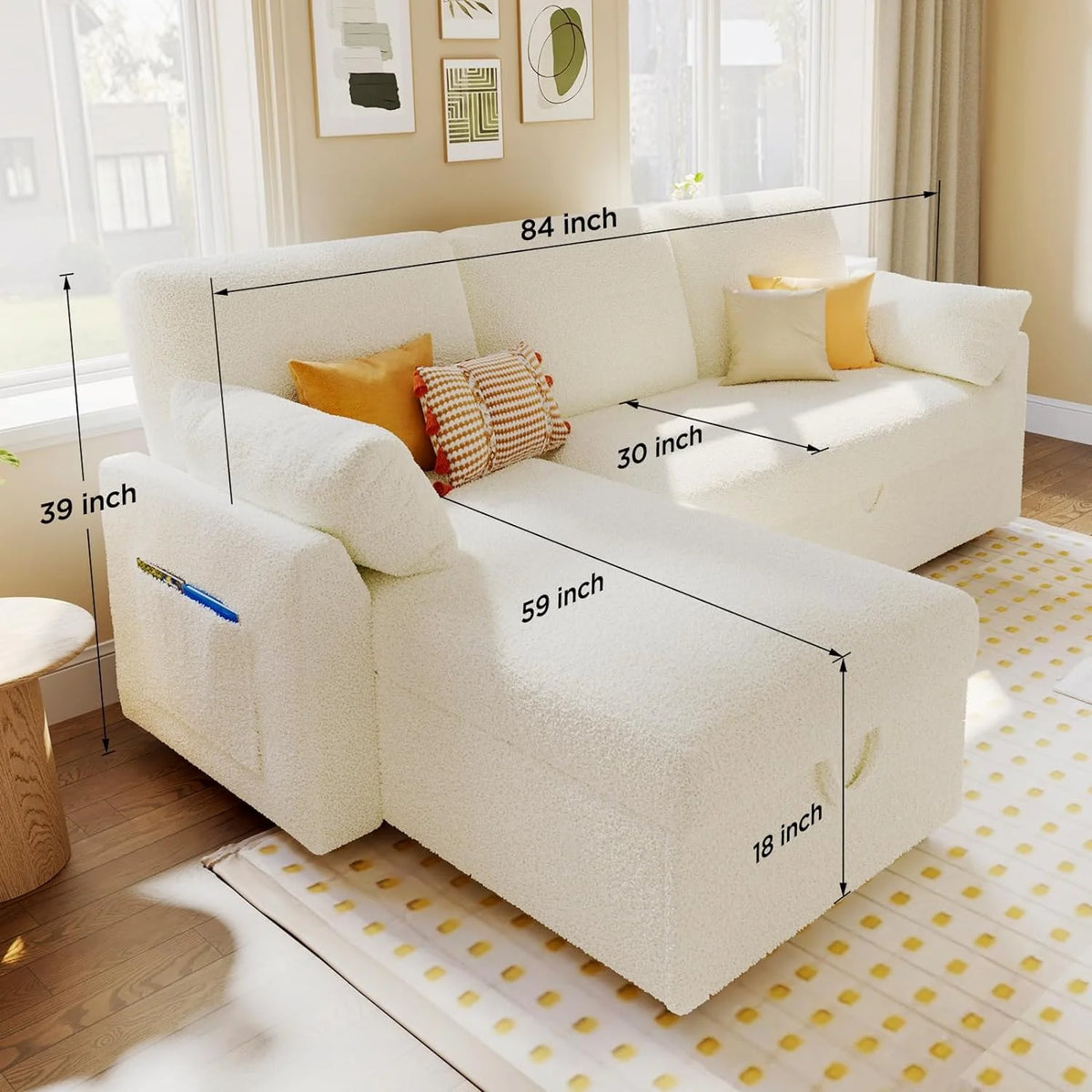 VANACC Sofa Bed, Convertible Sleeper Sofa-2 in 1 Pull Out Couch Bed, L Shape Sofa with Storage Chaise, White Boucle Couch for Indoor