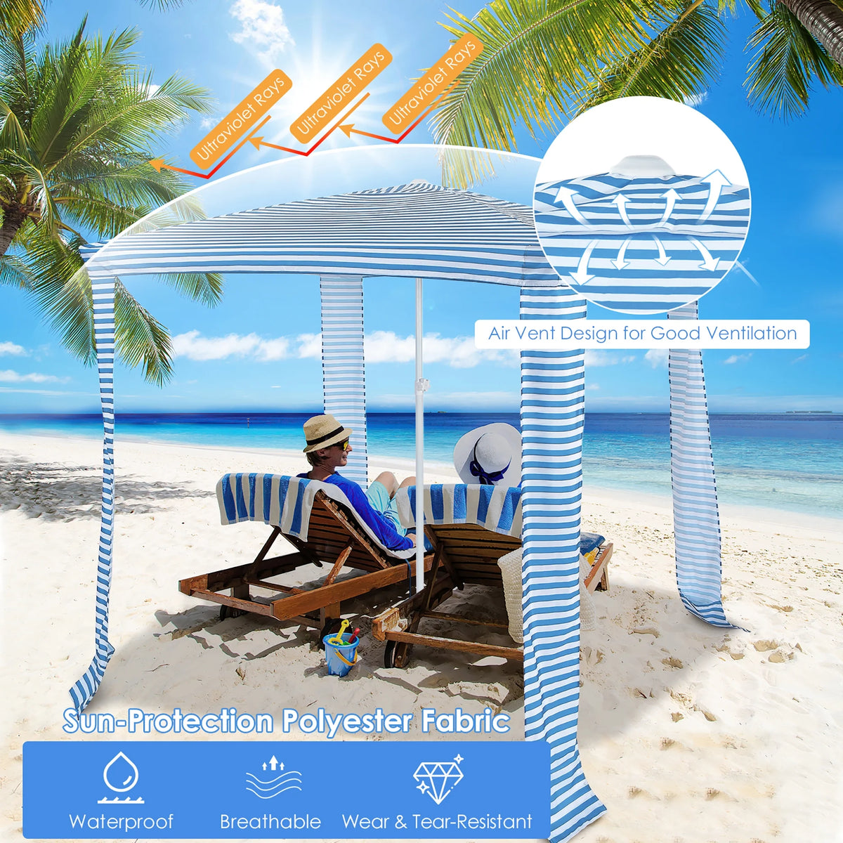 Costway 6.6' x 6.6' Foldable Beach Cabana Easy-Setup Beach Canopy W/ Carry Bag Blue